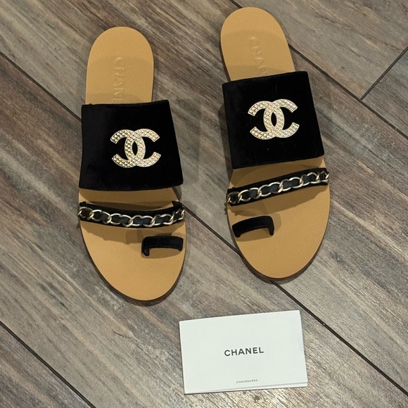 Chanel Chain AUTHENTIC Mule Black Tan Women's Sandals Italy NEW Size 42 US 11 ❤️ - Picture 13 of 15
